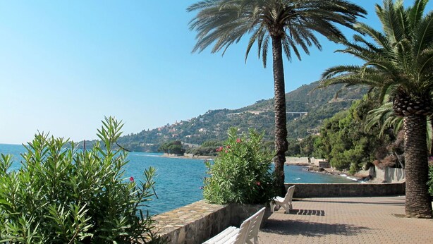 A coastal promenade with palm trees, a stone wall, and a view of the sea and distant hills. - Lovely apartment for 4 guests with A/C, pool, WIFI, TV, terrace and pets allowed (Ventimiglia)