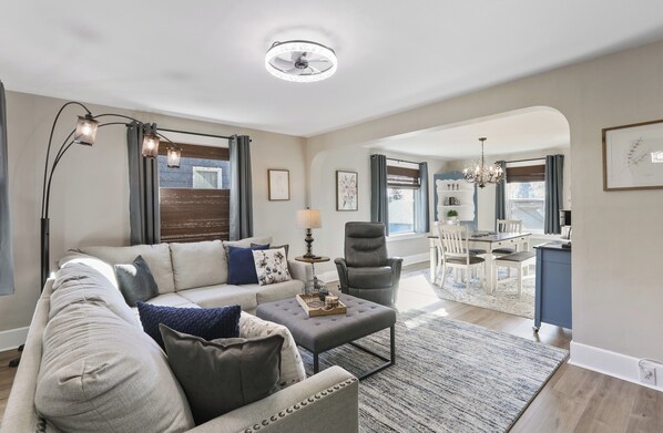 Smart TV, fireplace, books, music library