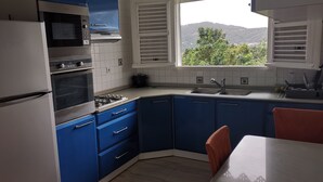 Een keuken met blauwe kastjes, een witte koelkast, een fornuis en een raam met uitzicht op groen.