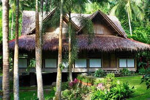 Ein traditionelles, reetgedecktes Haus mit Holzkonstruktion, umgeben von üppiger Vegetation und Palmen.