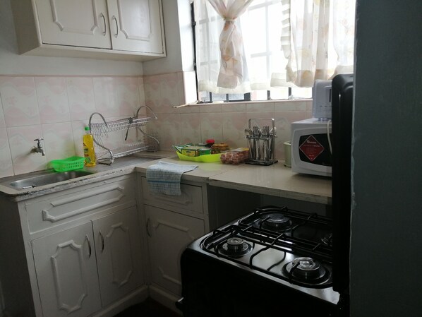 Fridge, microwave, oven, cookware/dishes/utensils