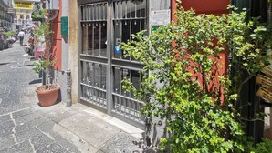 Ein Gebäude mit roter Fassade, einer verschlossenen Eingangstür und Blumentöpfen davor.