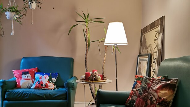 A living room with two green sofas, a small round table with a lamp, and several hanging plants.