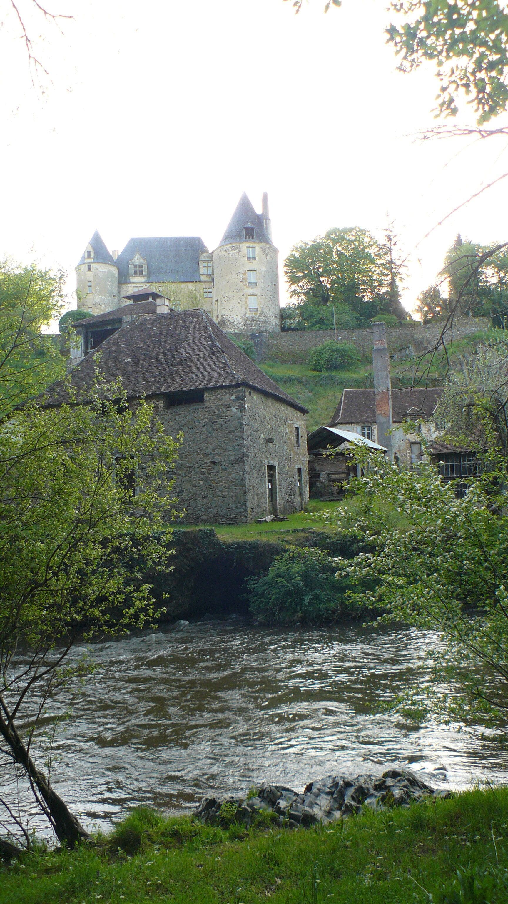 A stone building with a thatched roof near a river, surrounded by greenery and a castle in the background.