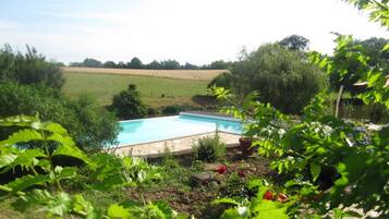 A swimming pool surrounded by lush greenery and a field in the background.