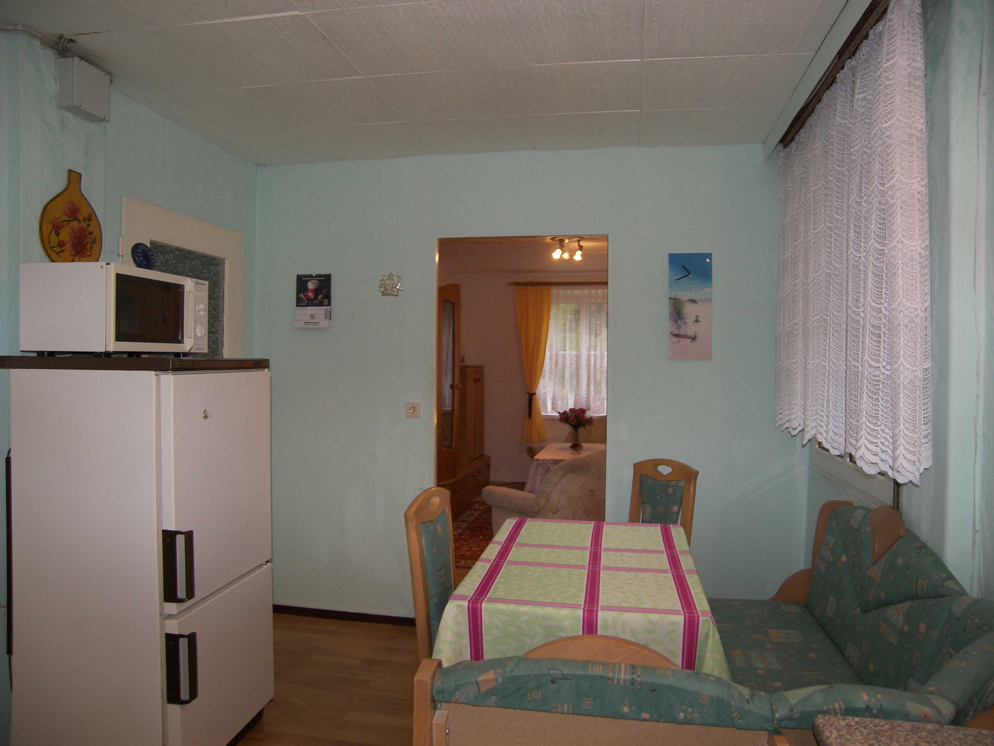 Ein kompakter Wohnraum mit Küchenzeile, einem Essbereich mit Tisch und Stühlen sowie einer Couch.