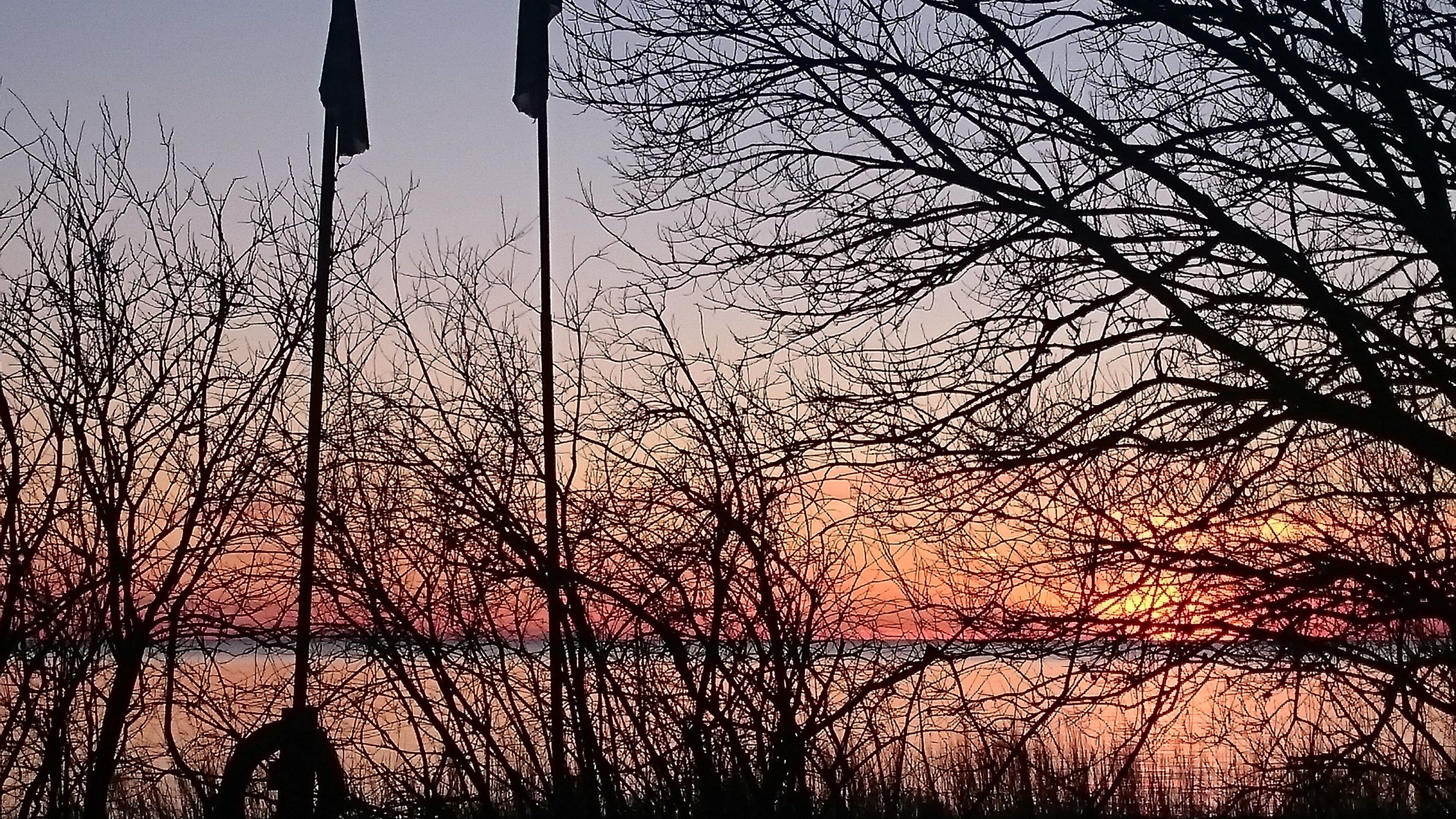 A sunset over a body of water with silhouetted trees and a distant shoreline.