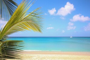 A beach with clear turquoise water, a sandy shore, and a sailboat in the distance. - Beachfront Getaway on Perfect Beach - Chateau Monique (3 bed) (Lower Carlton)