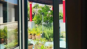 Vista a través de un ventanal de un patio con plantas en macetas y una estructura roja.