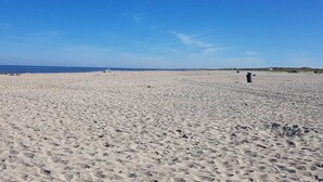 Une vaste plage de sable, parsemée d’empreintes et où l’on aperçoit quelques personnes au loin.