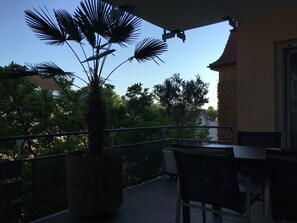 Ein Balkon mit Topfpalme, Tisch und Stühlen.
