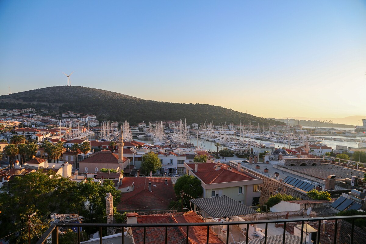 A coastal town with a marina, buildings with red-tiled roofs, and a hill with a wind turbine.