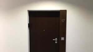 Puerta de madera cerrada con una placa que indica el número '17' en el lado derecho, un picaporte y un felpudo negro en la entrada.