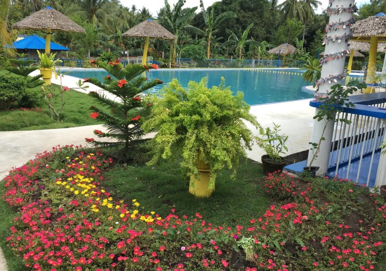 A pool surrounded by a flower bed with pink and yellow flowers, a palm tree, and a thatched-roof structure.