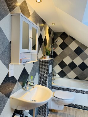 Combined shower/tub, hair dryer, towels, toilet paper