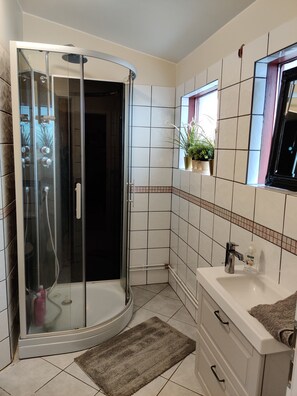 Shower, hair dryer, towels, soap