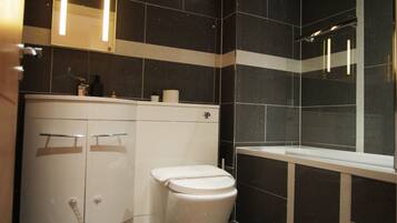 Combined shower/tub, hair dryer, towels, soap