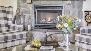 Smart TV, fireplace, books, stereo