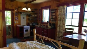 Une chambre confortable de style cabane, dotée d’un lit, de meubles en bois, d’une kitchenette et de grandes fenêtres.