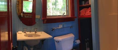 Une salle de bain avec un lavabo, des toilettes et une douche.