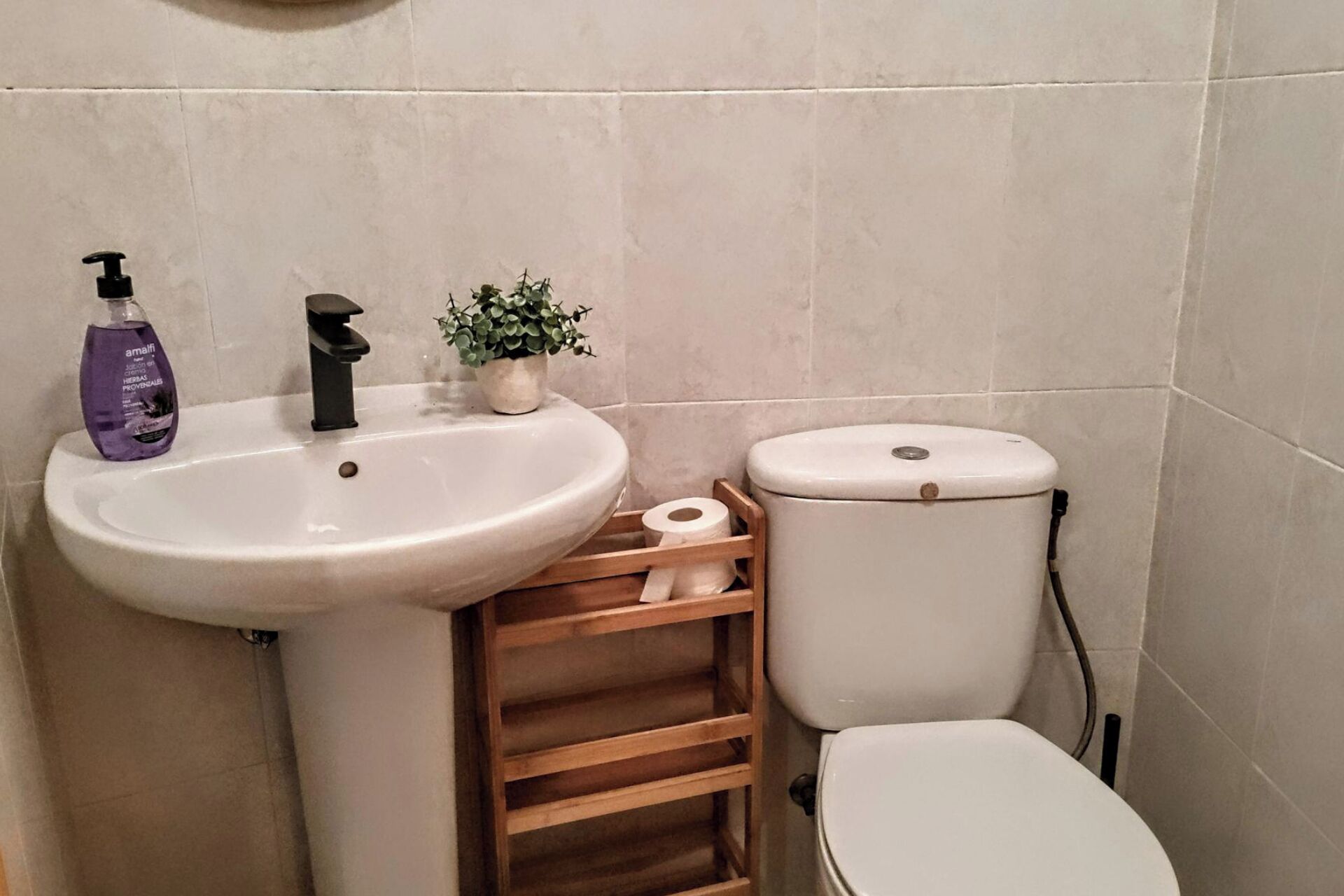 Ein Badezimmer mit einem weißen Waschbecken, einem kleinen Topfpflanzen, einer Toilette und einem Holzregal mit einer Toilettenpapierrolle.
