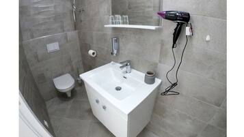 A modern bathroom with a white sink, a toilet, and a shower area.