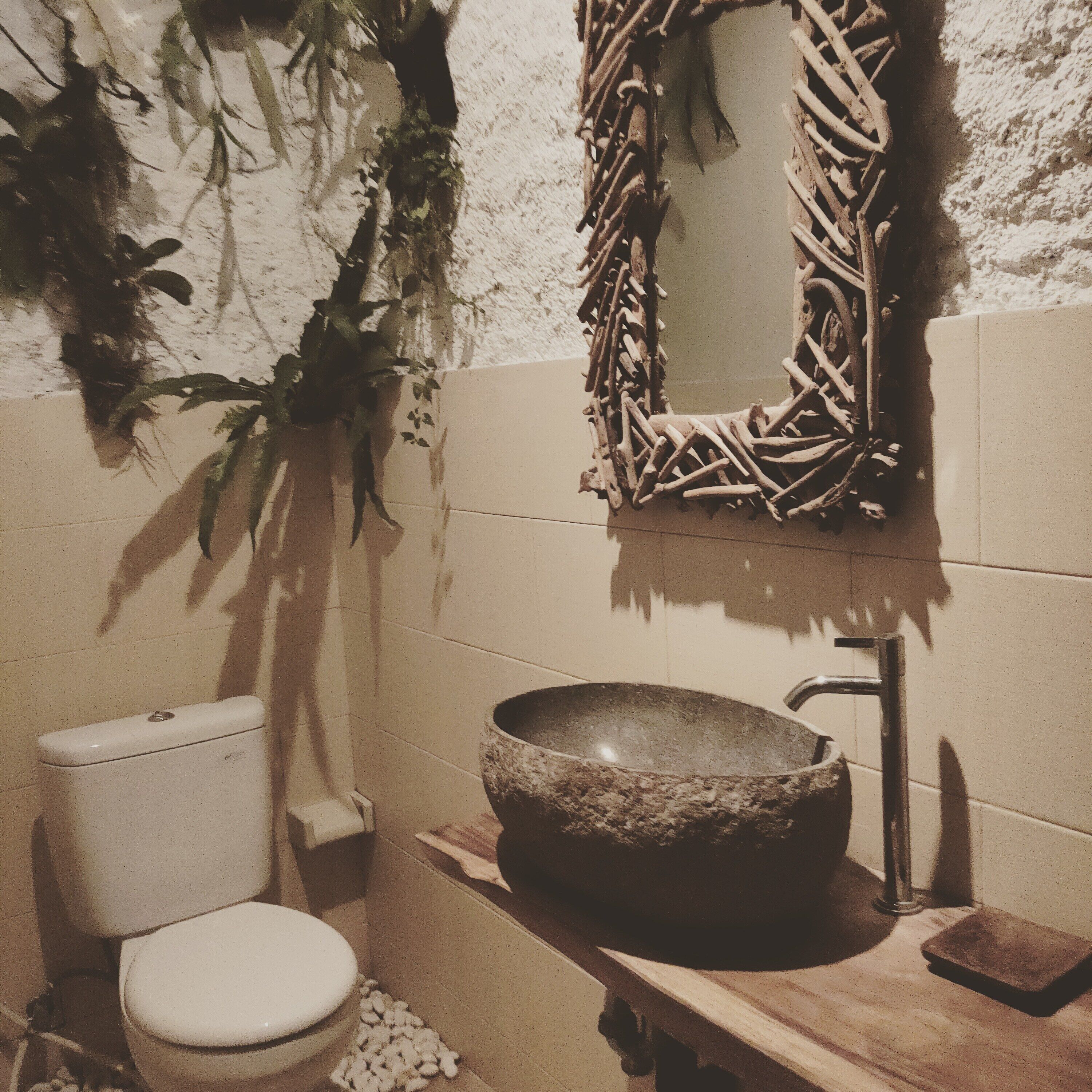 Une salle de bain comprenant des toilettes, un lavabo en pierre et un miroir avec un cadre décoratif.