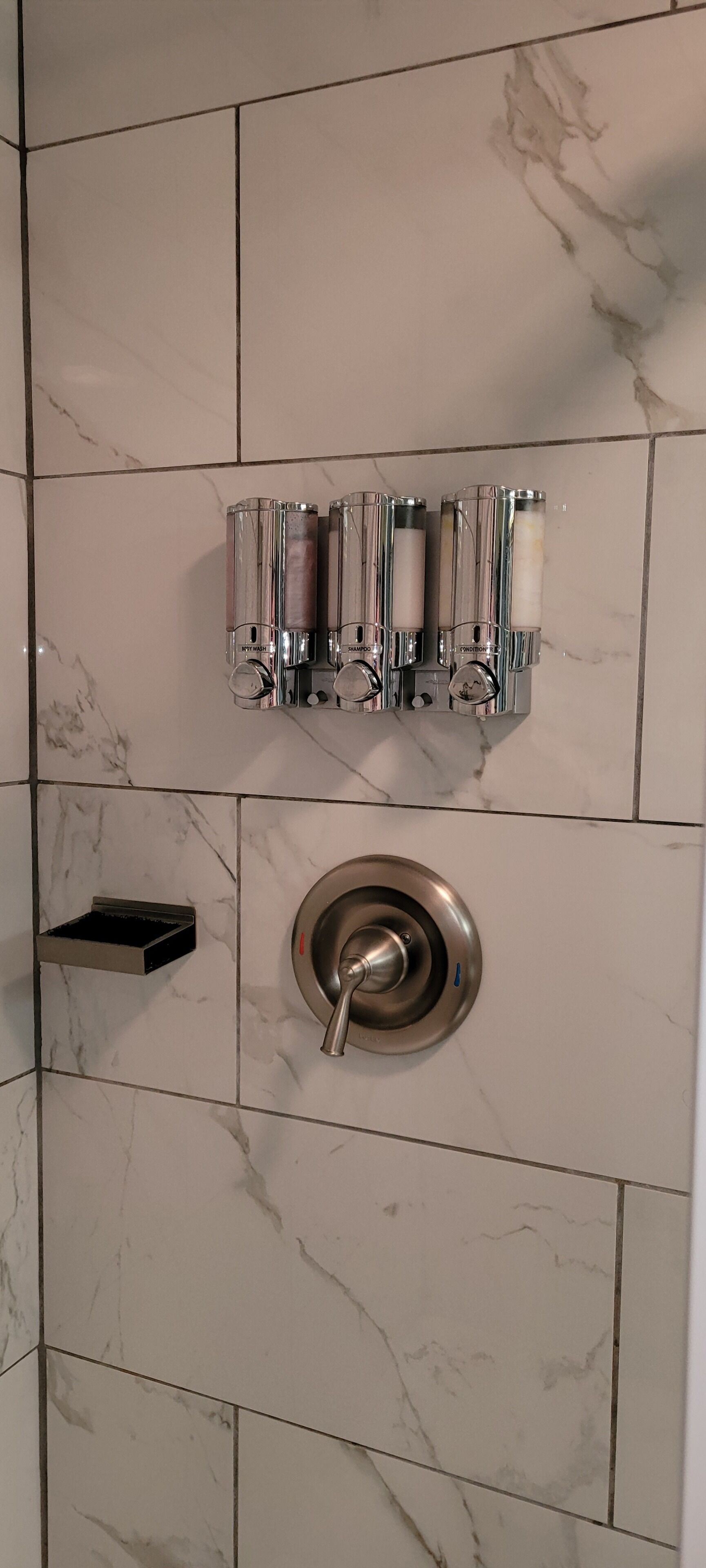 A bathroom with a shower, a wall-mounted shampoo and conditioner dispenser, and a towel rack.