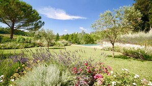 A well-maintained garden with a variety of flowering plants, a lawn, and a small pool area.