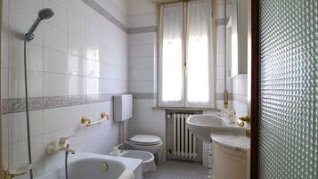 Bathtub, hair dryer, bidet, towels