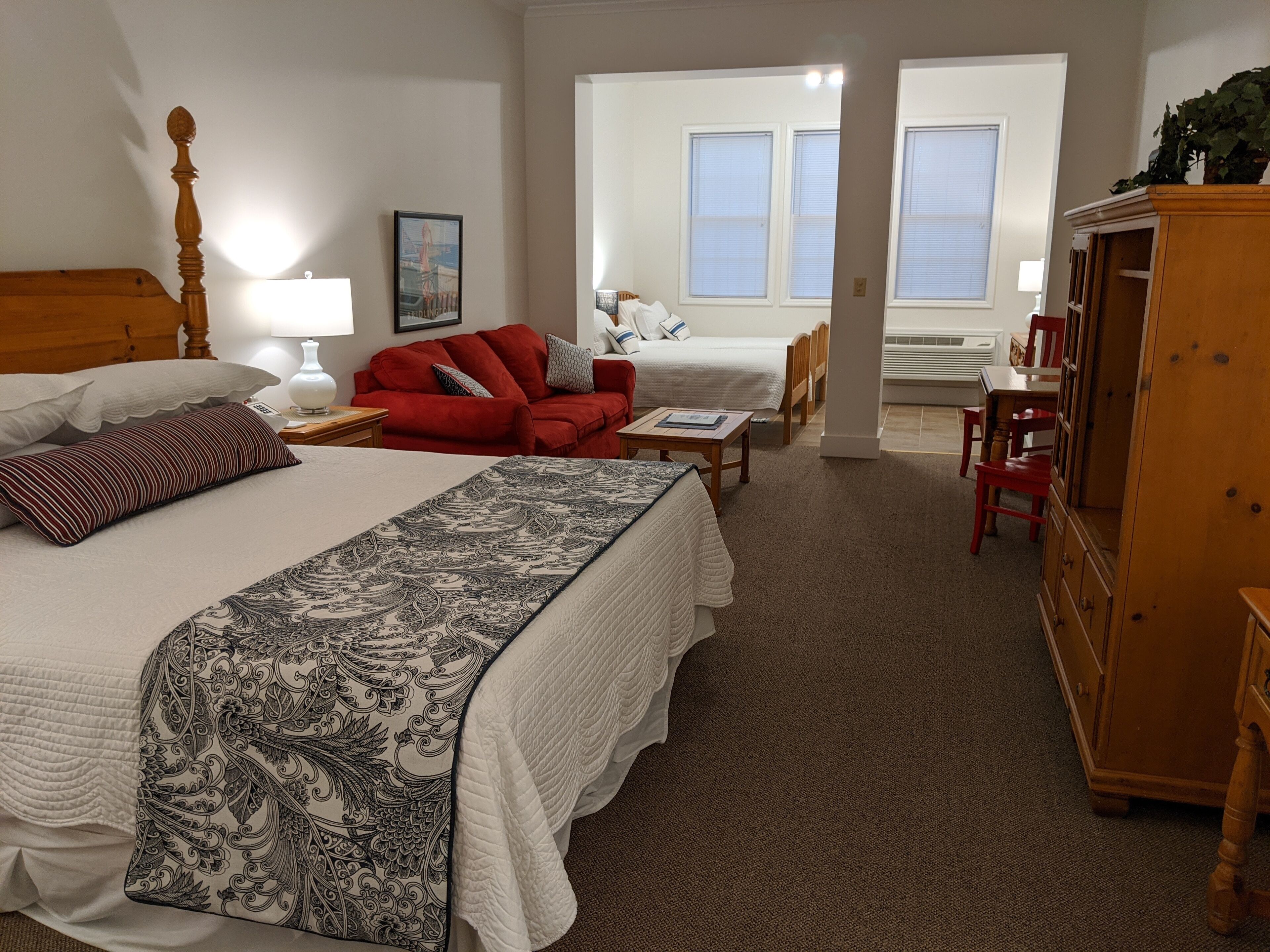 family room, multiple beds, garden view, garden area | living area | 43-inch flat-screen tv with cable channels, tv