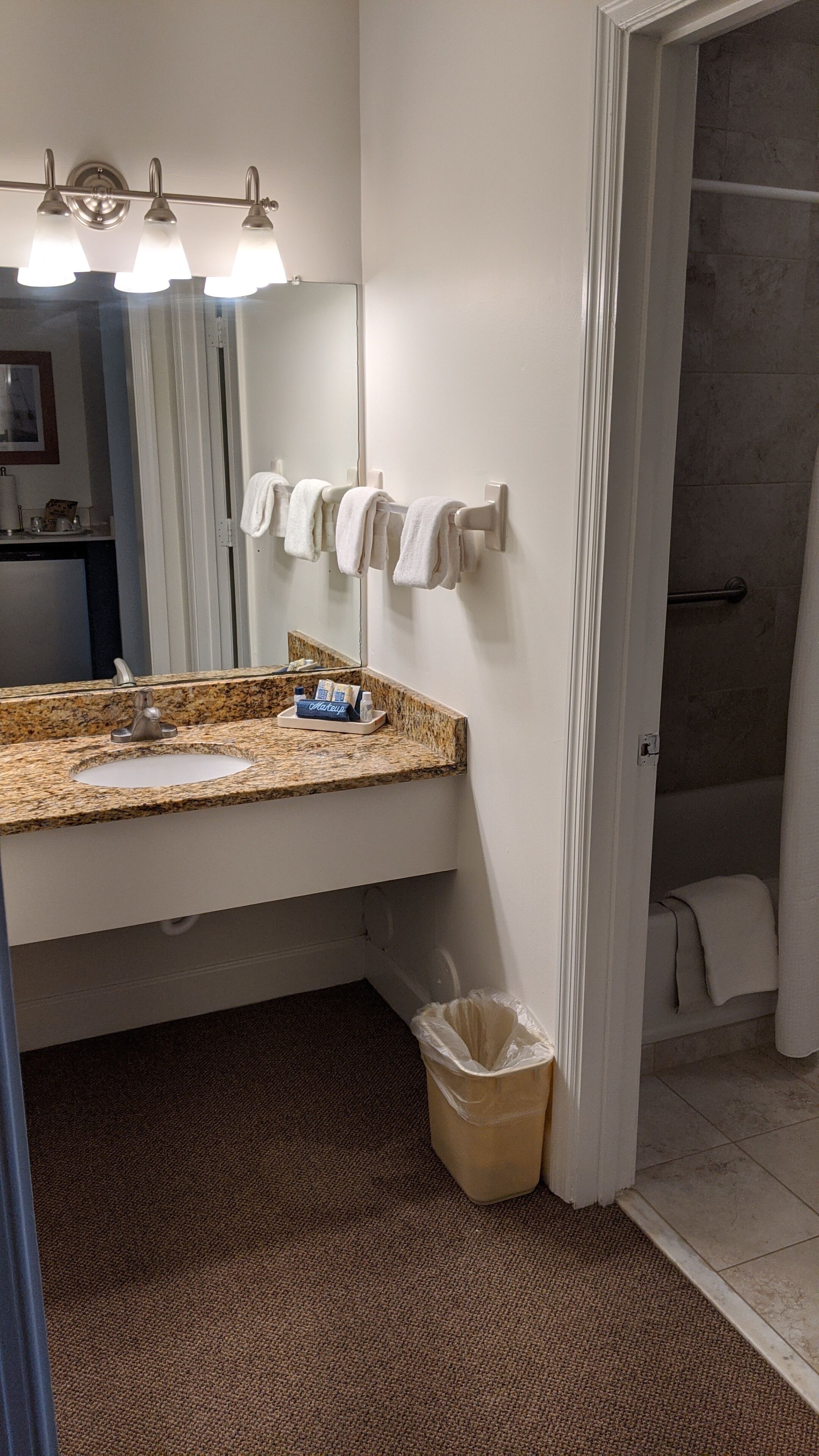 combined shower/bathtub, free toiletries, hair dryer, towels