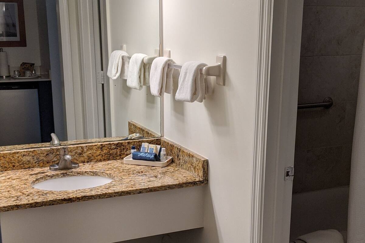 combined shower/bathtub, free toiletries, hair dryer, towels