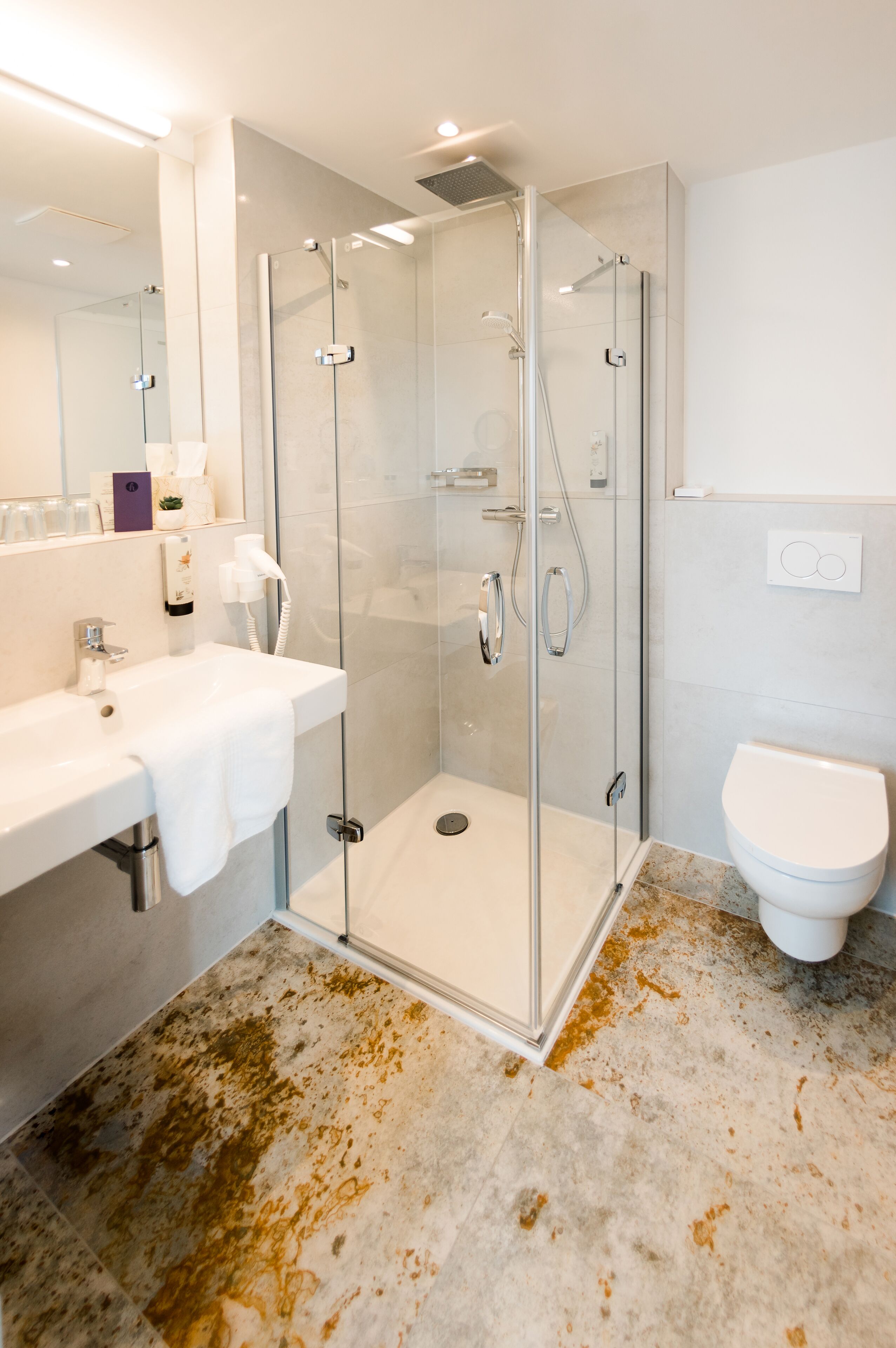 comfort double room | bathroom | shower, rainfall showerhead, hair dryer, towels