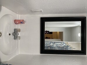 Bathroom features a sink and mirror, with a bed visible through the reflection.