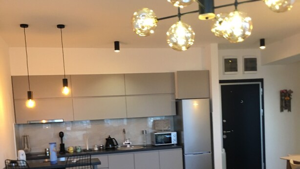 Una cucina moderna con zona pranzo, un divano grigio e un tappeto decorato.