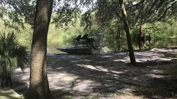 A campsite with a table and chairs under a large tree, surrounded by dense foliage and a body of water.