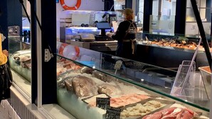 Un présentoir de produits de la mer dans un magasin, avec différents poissons et fruits de mer surgelés exposés sur de la glace, et les étiquettes de prix bien visibles.
