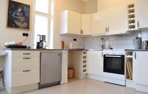 Fridge, stovetop, dishwasher, coffee/tea maker