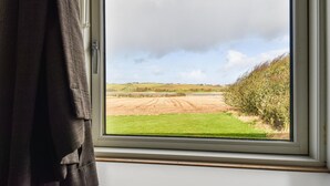 Una ventana con vistas a un campo y una colina.