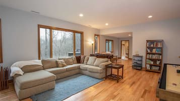 Flat-screen TV, fireplace, video-game console, DVD player