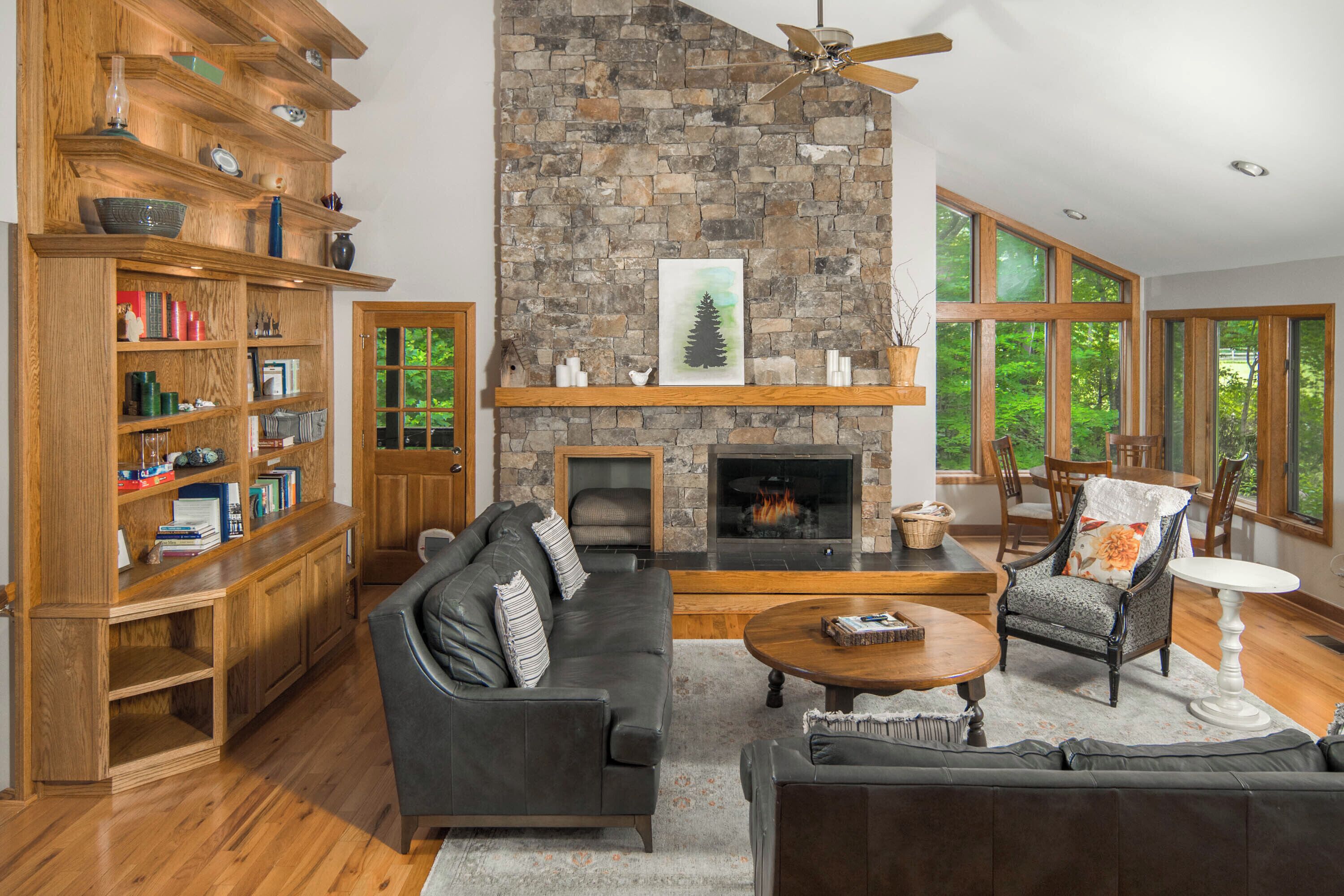 Flat-screen TV, fireplace, video-game console, DVD player