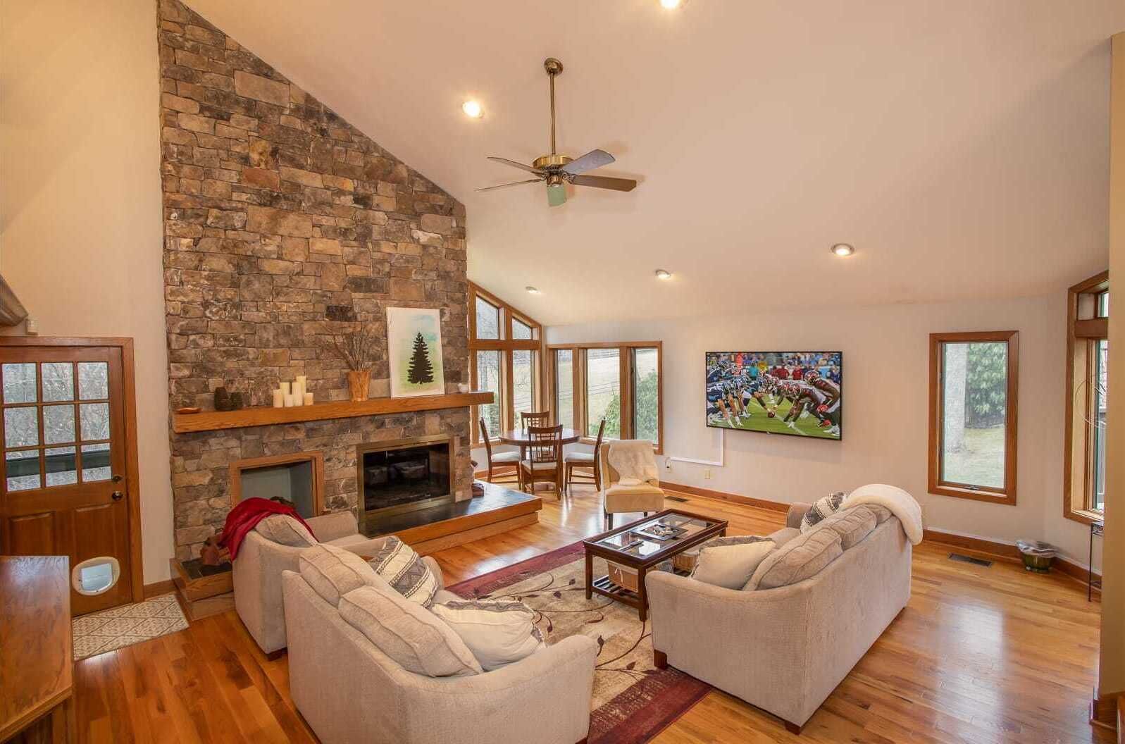 Télévision à écran plat, cheminée, console de jeux vidéo, lecteur de DVD