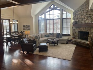 Smart TV, fireplace, video games, DVD player