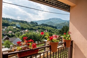 Un balcon agrémenté de plantes en pot, offrant une vue sur un village et des montagnes.