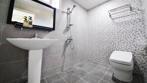 A modern bathroom with a white sink, a shower with a handheld showerhead, and a toilet. - Eco Land Pension (Gapyeong)