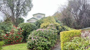Un jardín con un camino, varios arbustos y una casa al fondo.