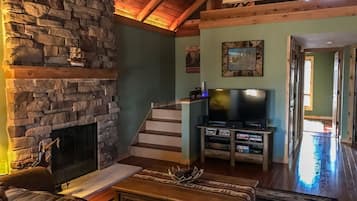 Smart TV, caminetto, lettore DVD, libri