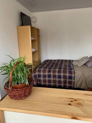 Cozy retreat with a single bed, nightstand, and potted plant.