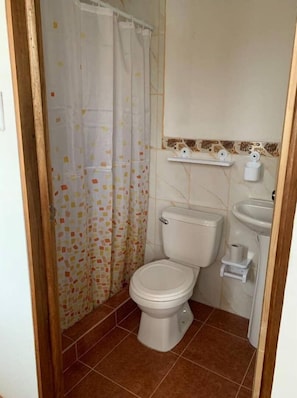 Ein kleines Badezimmer mit Toilette, Waschbecken und Duschvorhang.